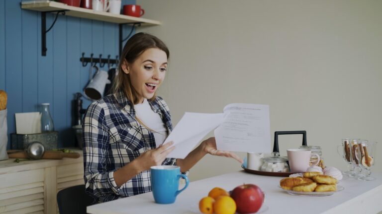 Person sitting at kitchen table sorting cash and reviewing the Dave Ramsey Baby Steps budget plan